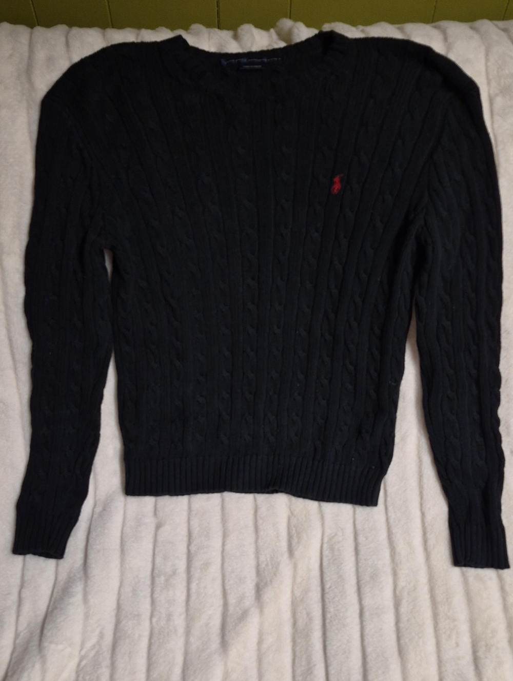 Ralph Lauren Black Cable-Knit Crewneck Sweater with Red Polo Logo